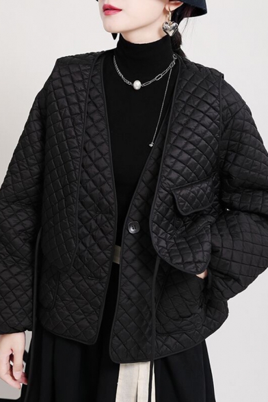 Fancy Women's Jacket Quilted Design Solid Color Button Closure Drawstring Waist Long Puff Sleeves Relaxed Fit Jacket