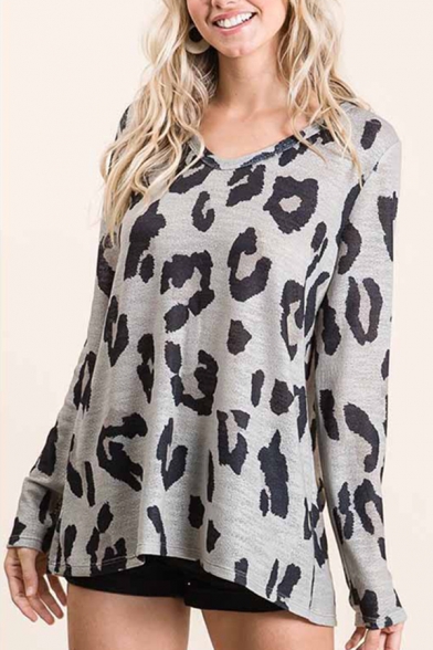 Fancy Women's Tee Top Leopard Printed Round Neck Long Sleeves Relaxed Fit Tunic T-Shirt
