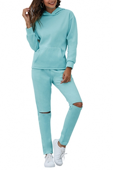 Fashion Girls Set Plain Long Sleeve Pouch Pocket Relaxed Hoodie & Cut Out Ankle Fit Pants Set