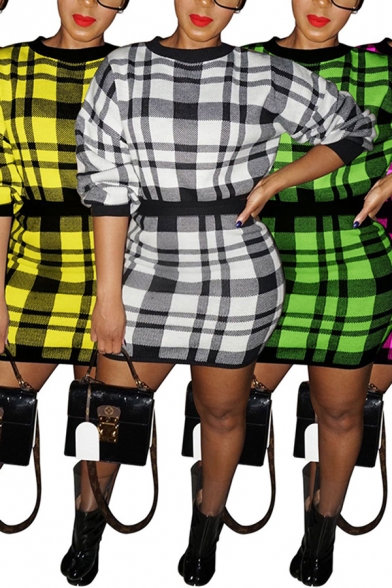 Fashion Womens Dress Plaid Pattern Long Sleeve Crew Neck Short Tight Dress