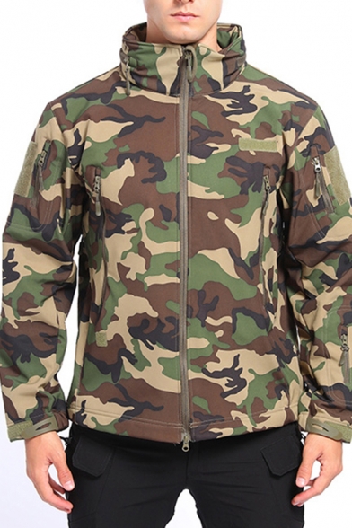 Guys Leisure Jacket Long Sleeve Stand Collar Camo Print Zipper Front Relaxed Fit Jacket