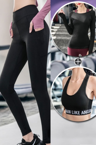 Gym Womens Set Crop Tank & Long Sleeve Tee Top & Skinny Leggings Set