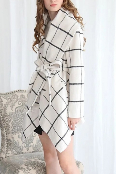 Ladies Designer Coat Checkered Print Long Sleeve Shawl Neck Bow-tie Waist Irregular Hem Relaxed Coat