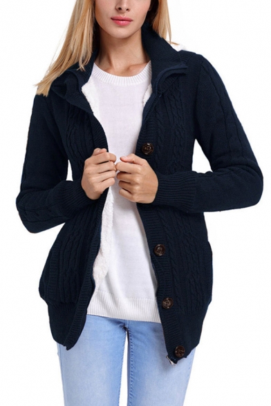 Leisure Cardigan Plain Long Sleeve Hooded Button Up Regular Fit Knit Cardigan for Ladies
