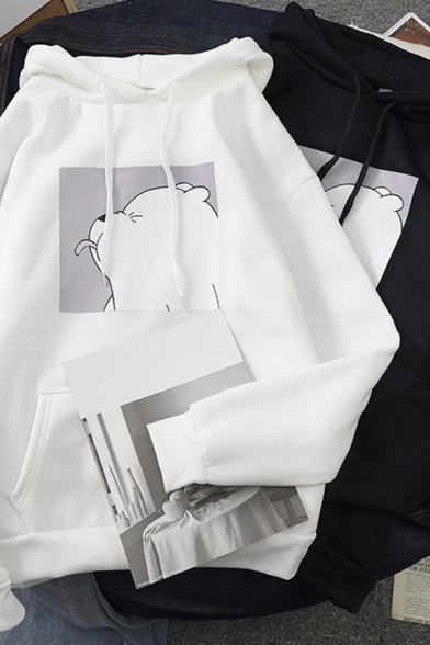 Leisure Women's Hoodie Cartoon Bear Print Front Pocket Long Sleeves Relaxed Fit Drawstring Hooded Sweatshirt