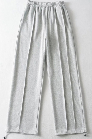 Leisure Women's Pants Solid Color Drawstring Cuffs Elastic Waist Long Straight Pants