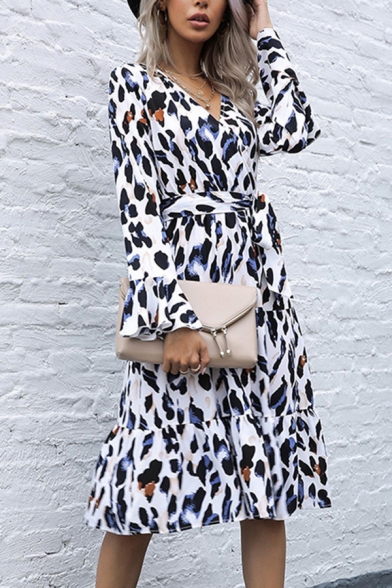 Leopard Pattern Bell Sleeve Surplice Neck Bow-tie Waist Ruffled Hem Mid A-line Fashionable Dress for Ladies