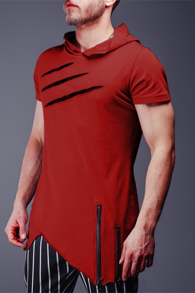 Men's Leisure Plain Short Sleeve Irregular Zipper Scratch Decorated Slim Fit Longline Hoodie