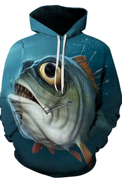 Mens Trendy Hoodie 3D Fish Printed Long Sleeve Drawstring Kangaroo Pocket Relaxed Hoodie