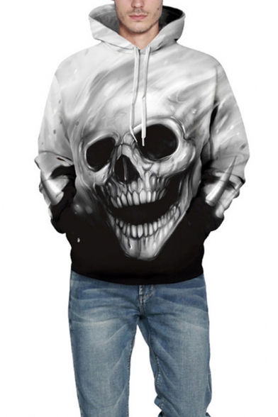 Popular Guys Hoodie Skull 3D Printed Long Sleeve Drawstring Pouch Pocket Relaxed Hoodie