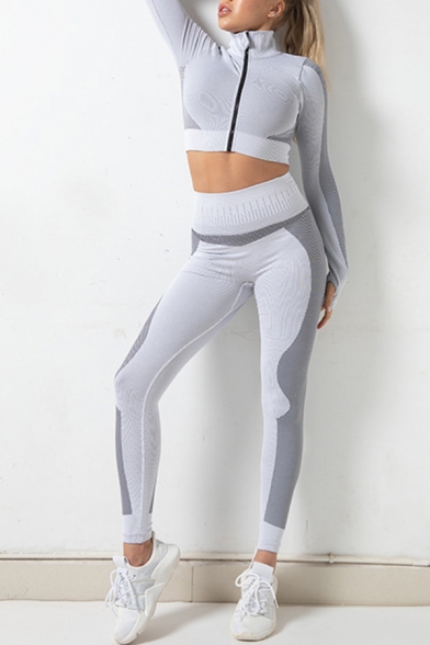 Popular Womens Co-ords Contrasted Long Sleeve Stand Collar Zipper Front Fit Crop Top & Leggings Set