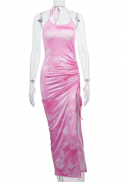 Pretty Tie Dye Printed Halter Drawstring Slit Side Maxi Tight Cami Dress for Women