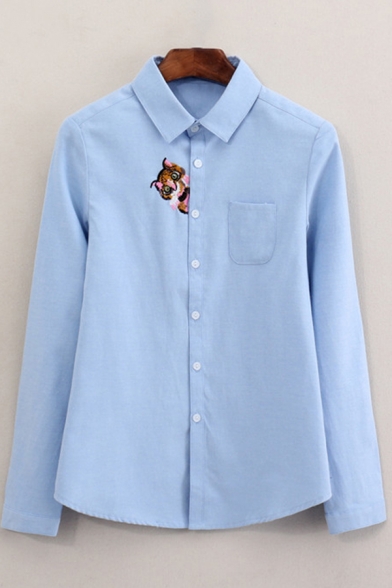 Simple Shirt Rabbit Cat Embroidery Long Sleeve Turn-down Collar Button-up Relaxed Fit Shirt for Women