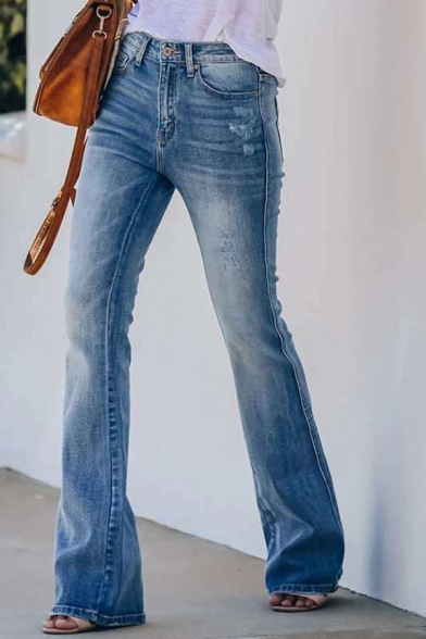 Simple Womens Bleach Mid Waist Long Length Flared Jeans in Blue