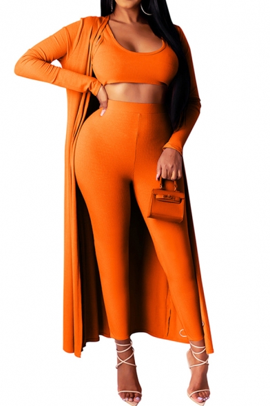 Simple Womens Set Scoop Neck Fit Crop Tank & Pants & Coat Solid Color Co-ords