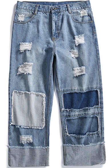 Streetwear Jeans Light Blue Patchwork Ripped Mid Waist Long Length Baggy Jeans for Men