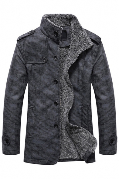 Stylish Men's Fur Coat Panel Shoulder Strap Button-down Brushed Side Pockets Long-sleeved Stand Collar Regular Fitted Fur Coat