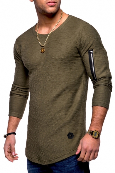 Trendy Men's Tee Top Contrast Stitching Zip Pocket Label Round Neck Long Sleeves Slim Fitted T-Shirt