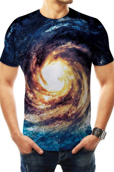 Trendy Men's Tee Top Space Galaxy 3D Pattern Round Neck Short-sleeved Slim Fitted T-Shirt