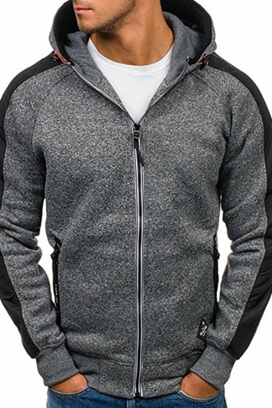 Trendy Mens Hoodie Heathered Contrast Panel Side Pocket Long Sleeves Zip Placket Regular Fitted Drawstring Hooded Sweatshirt