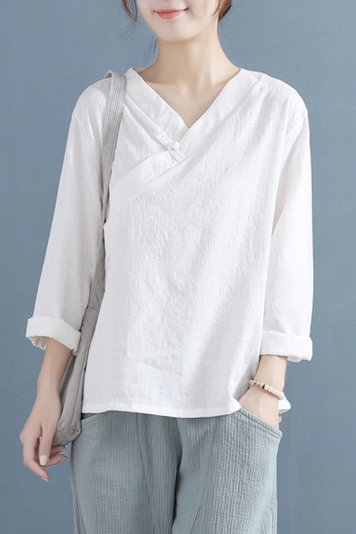 Trendy Women's Blouse Cotton and Linen Solid Color Frog Button Surplice Neck Long Sleeves Regular Fitted Blouse Shirt