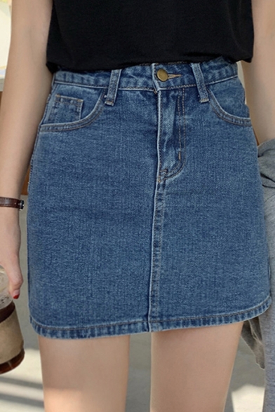 Trendy Women's Skirt Solid Color Zip Fly Side Pocket Fitted Mini Tube Denim Skirt
