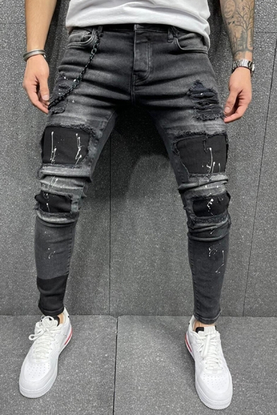 Unique Mens Jeans Patchwork Contrast Panel Distressed Frayed Zip Fly Ankle Length Skinny Jeans