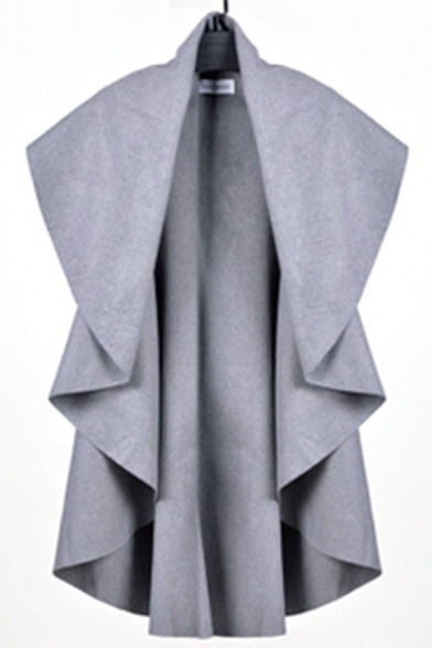 Womens Fashion Contrast Trim Waterfall Sleeveless Plain Gray Longline Vest Coat