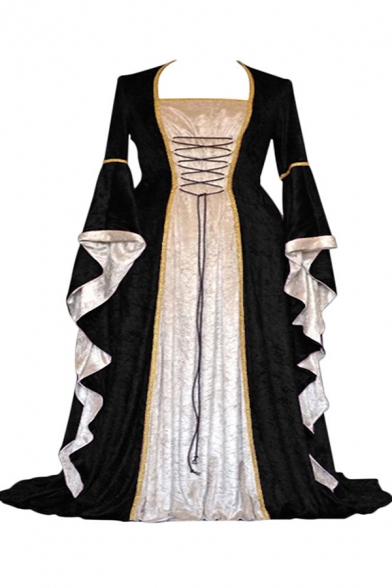 Womens Medieval Velvet Dress Colorblock Bell Long Sleeve Square Neck Maxi Pleated A-line Dress