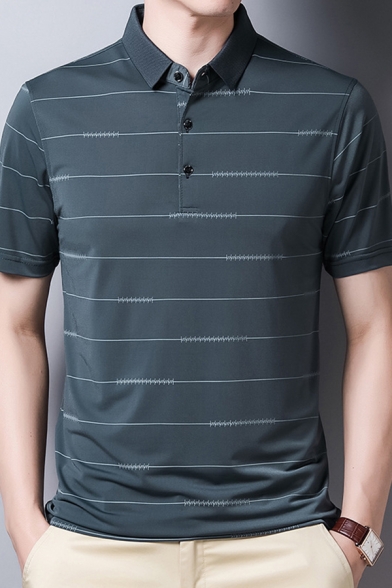 Basic Mens Business Polo Shirt Horizontal Stripe Pattern Button Detail Turn-down Collar Slim Fit Short Sleeve Polo Shirt
