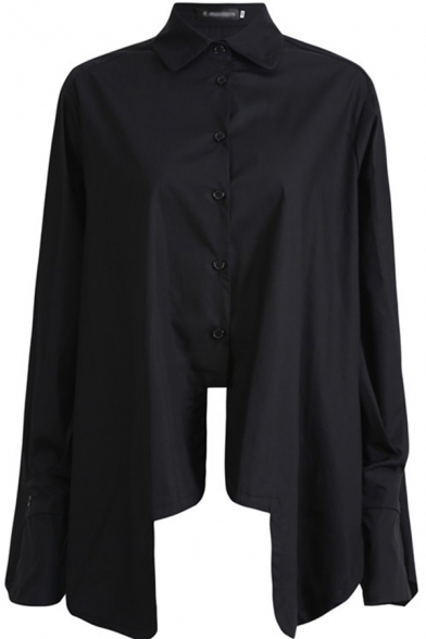 Basic Women's Shirt Plain Button Fly Asymmetrical Hem Long Sleeves Turn-down Collar Relaxed Fit Shirt