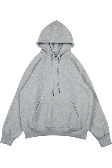 Casual Guys Hoodie Sherpa Lined Long Sleeve Drawstring Pouch Pocket Plain Loose Fit Hoodie
