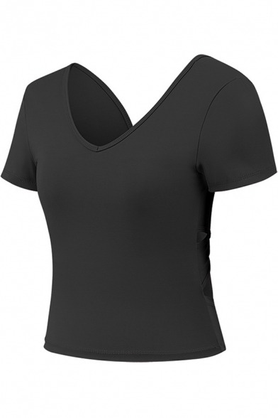 Casual Women's Tee Top Plain Hollow out Back V Neck Short Sleeves Fitted Cropped Yoga T-Shirt