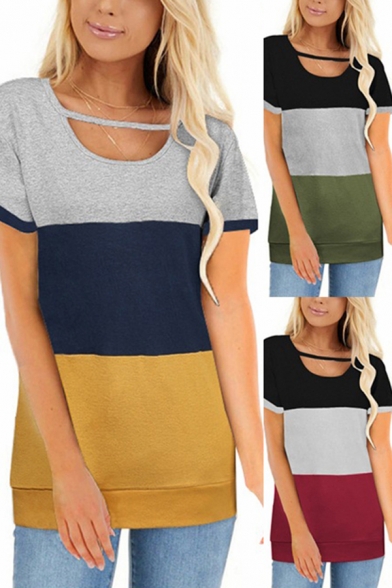 Casual Womens T Shirt Color Block Short Sleeve Cut Out Round Neck Relaxed T Shirt