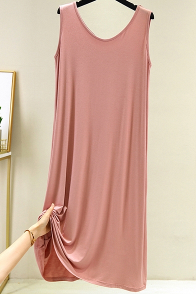 Casual Womens Tank Dress Plain Round Neck Sleeveless Loose Fitted Midi Bottoming Tank Dress