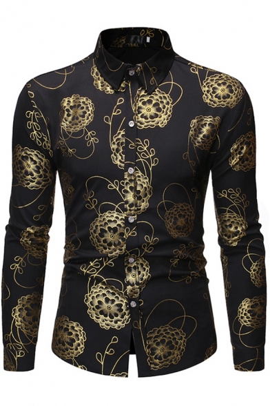 Chic Guys Shirt Floral Print Long Sleeve Point Collar Button-up Slim Fit Shirt Top