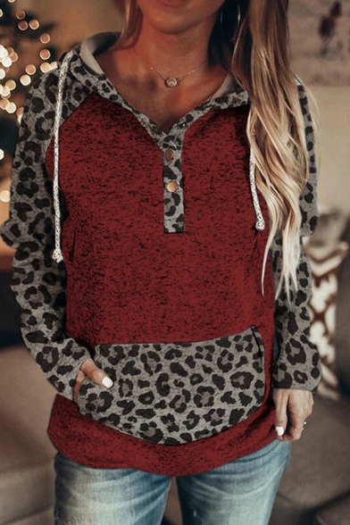 Women's Hoodie Leopard Print Raglan Long Sleeves Regular Fitted Drawstring Hooded
