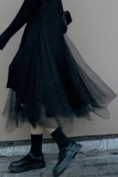 Fancy Women's Skirt Solid Color Mesh Gauze Elastic Waist Asymmetrical Hem Fully Lined Midi Skirt