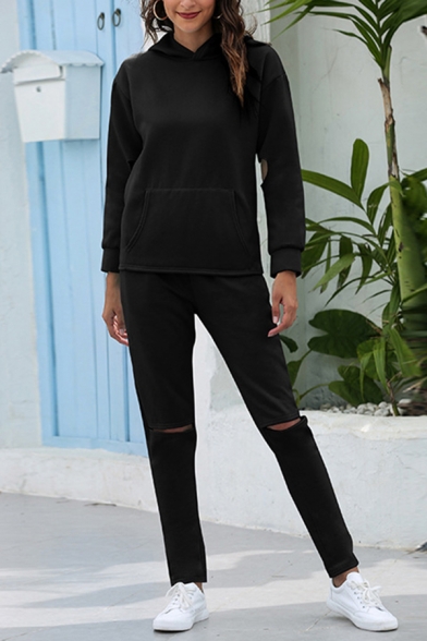 Fashion Girls Set Plain Long Sleeve Pouch Pocket Relaxed Hoodie & Cut Out Ankle Fit Pants Set