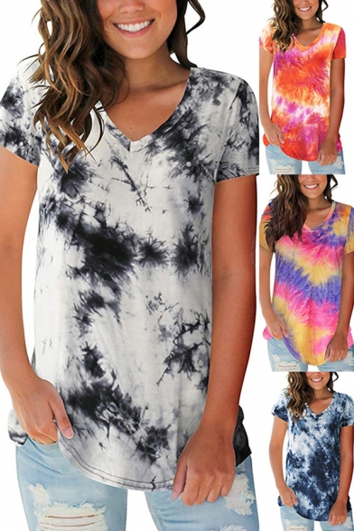 Fashion Womens Tee Top Tie Dye Printed Short Sleeve V-neck Relaxed T Shirt