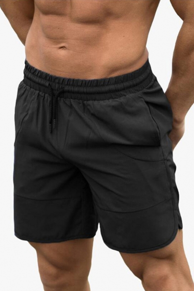 Leisure Mens Shorts Panel Side Pockets Drawstring Elastic Waist Split Hem Solid Color Active Shorts