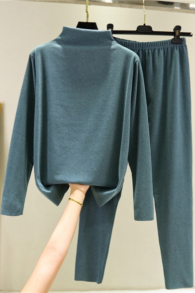 Leisure Women's Set Plain Mock Neck Long-sleeved Brushed Inside Sweatshirt with Elastic Waist Long Pants Co-ords