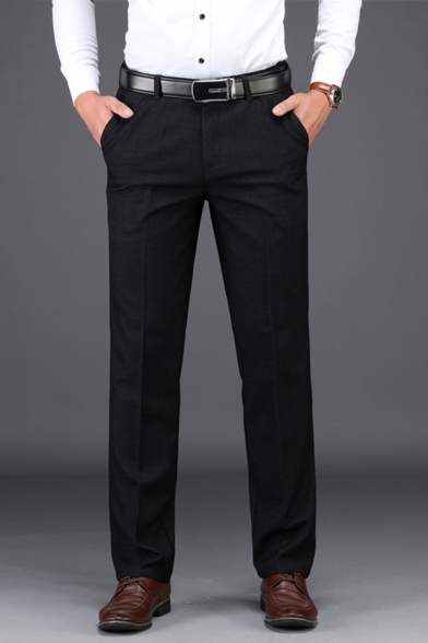 Mens Business Pants Stylish Pockets Zipper Fly High Waist Full Length Loose Fit Straight Tailored Pants