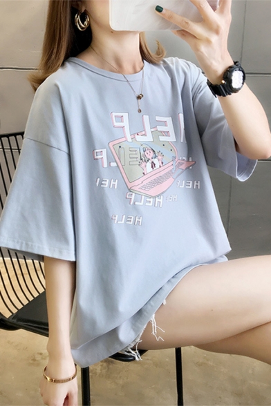 Popular Letter Help Cartoon Graphic Short Sleeve Crew Neck Relaxed T Shirt for Girls