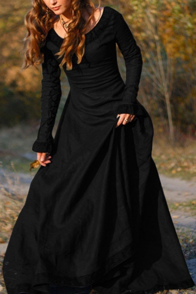 Renaissance Girls Dress Plain Long Sleeve Round Neck Long A-line Dress