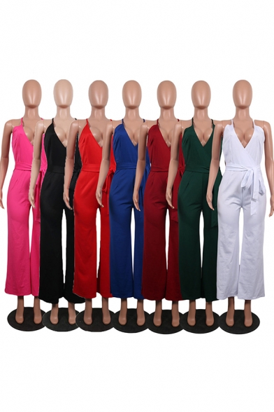 Retro Women's Jumpsuit Solid Color Wrap Tie Front Spaghetti Strap Sleeveless Long Regular Fitted Jumpsuit