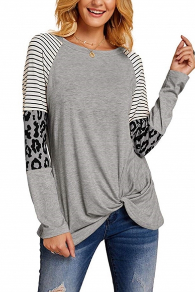 Simple Womens T-shirt Stripe Leopard Printed Twist Hem Long Sleeve Round Neck Relaxed Fit Tee Top