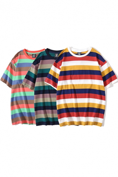 Stylish Men's Tee Top Stripe Pattern Contrast Trim Crew Neck Short-sleeved Regular Fitted T-Shirt