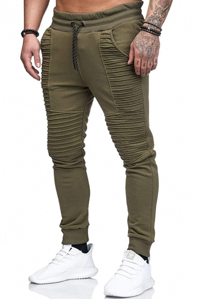 Stylish Mens Pants Solid Color Panelled Pleated Detail Drawstring Waist Skinny Long Pants