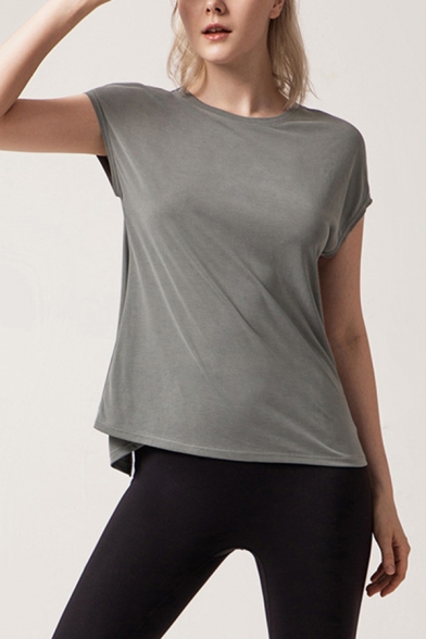 Stylish Women's Workout T-Shirt Solid Color Hollow out Split Twist Back Round Neck Short Sleeves Relaxed Fit Yoga Tee Top
